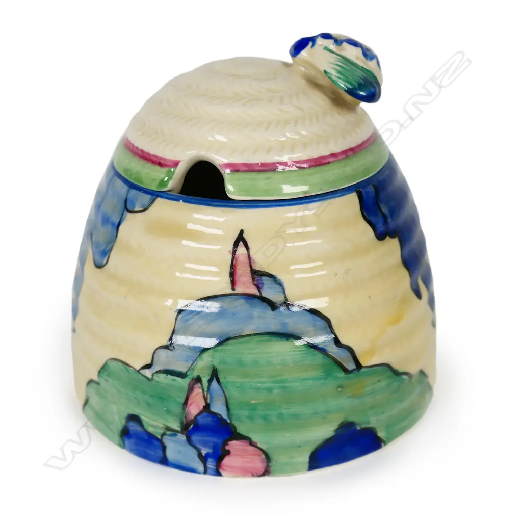 Clarice Cliff Bizarre 'Rudyard' pattern beehive honeypot, Image 1++