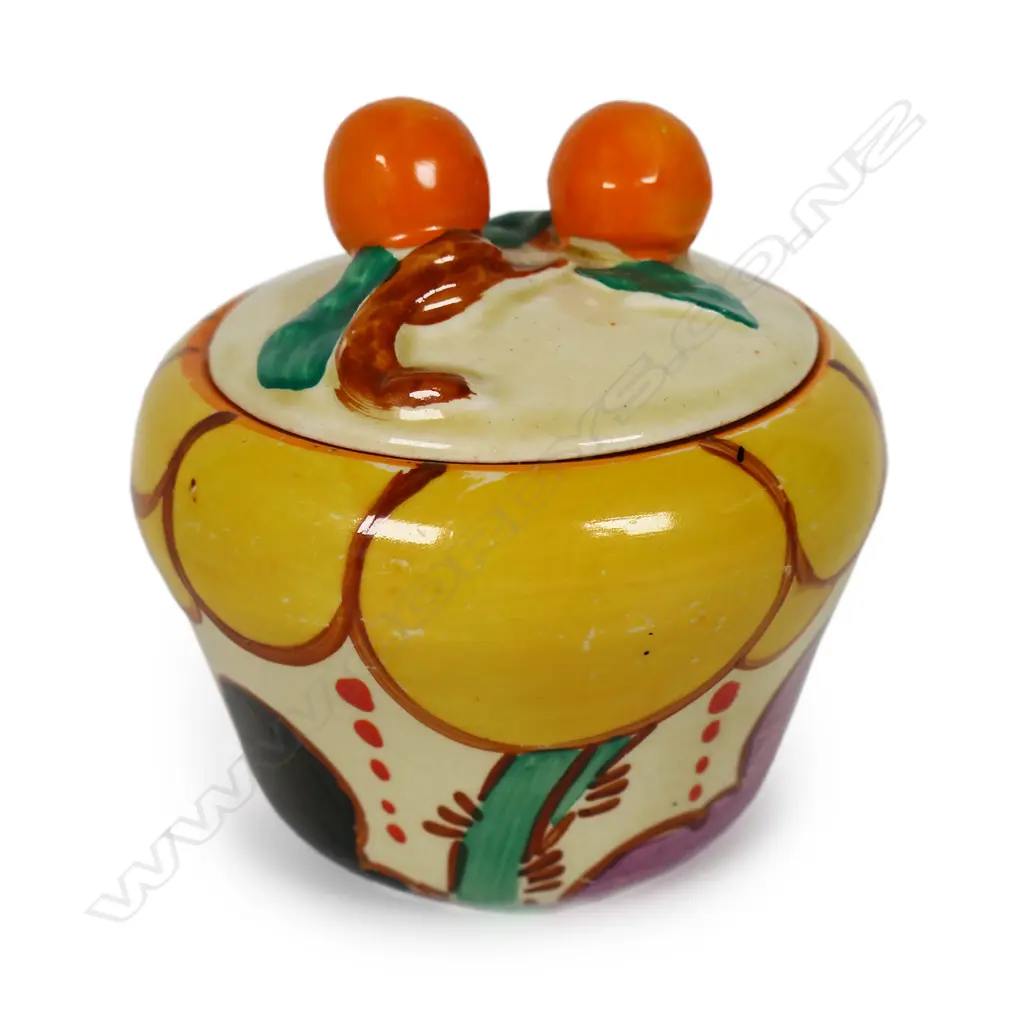 A Clarice Cliff Bizarre lidded preserve pot, Image 1++