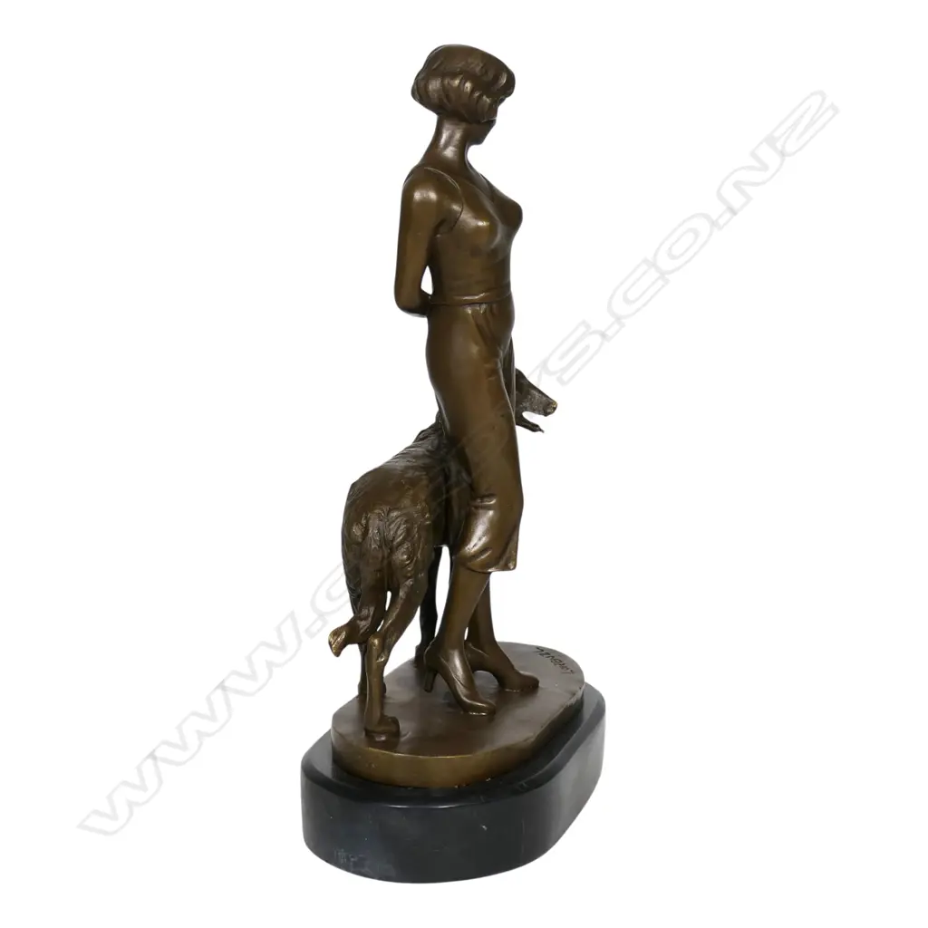 A modern Art Deco style bronze figurine of a standing woman with Borzoi hound, Image 1++