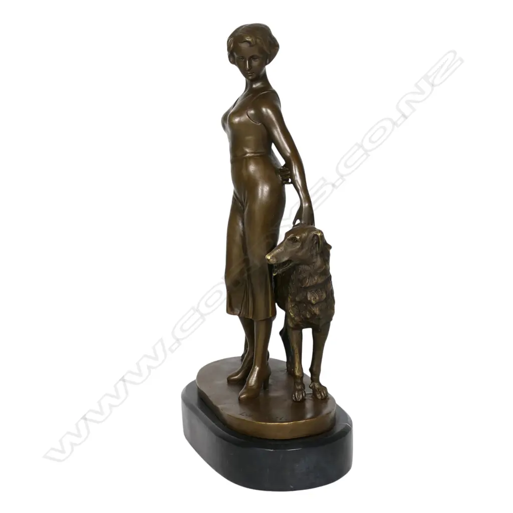 A modern Art Deco style bronze figurine of a standing woman with Borzoi hound, Image 1++