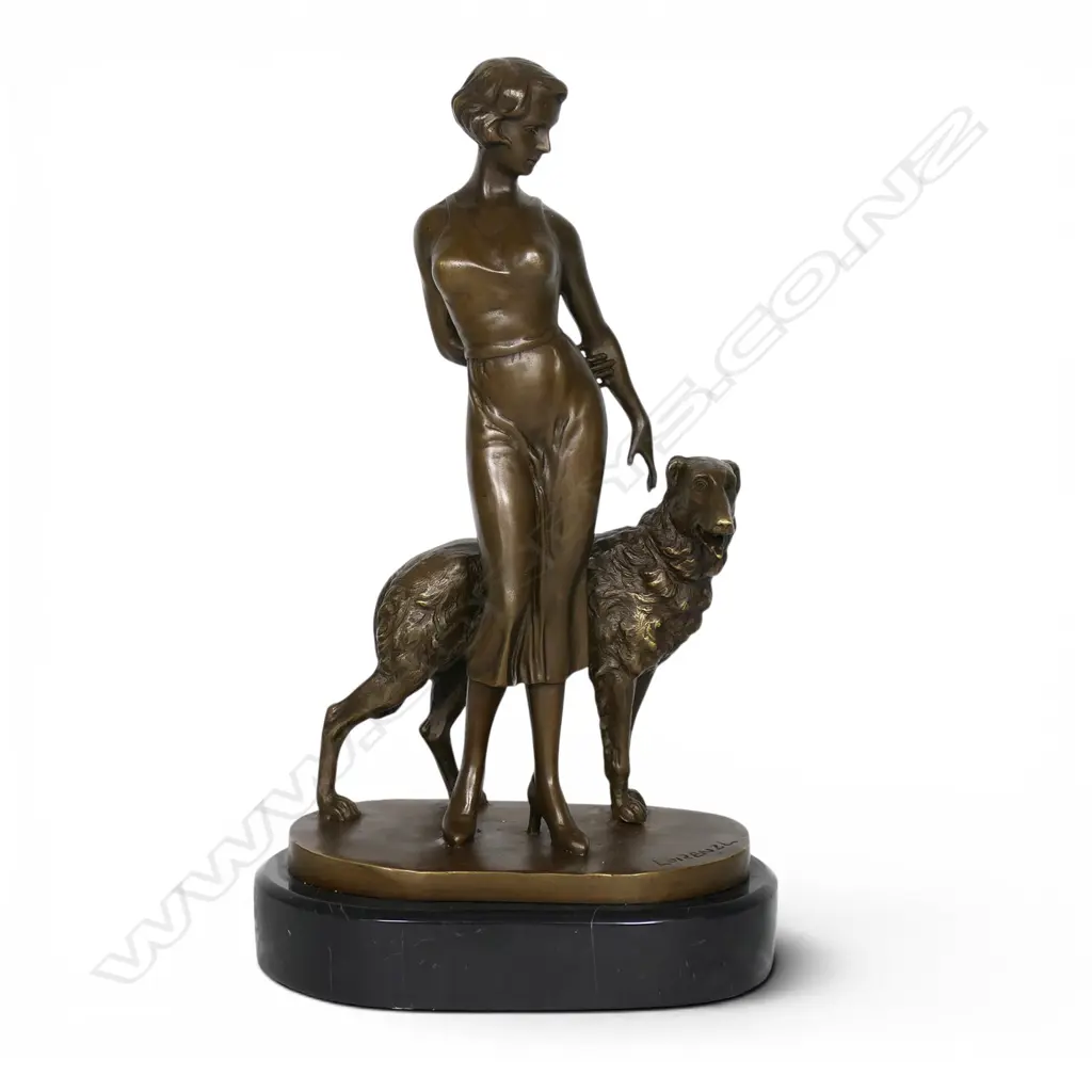 A modern Art Deco style bronze figurine of a standing woman with Borzoi hound, Image 1++