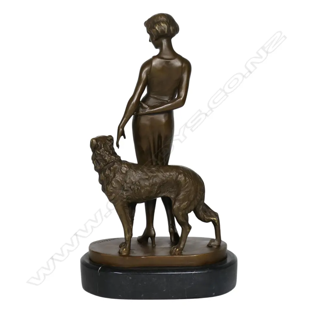 A modern Art Deco style bronze figurine of a standing woman with Borzoi hound, Image 1++
