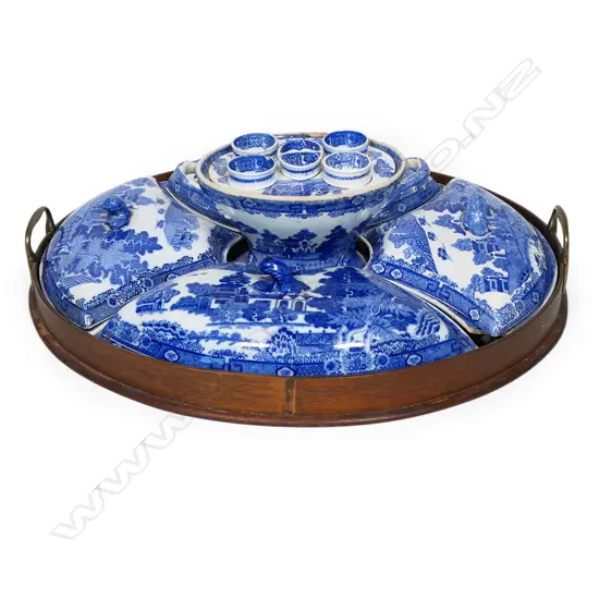 A Victorian willow pattern breakfast set in serving tray,