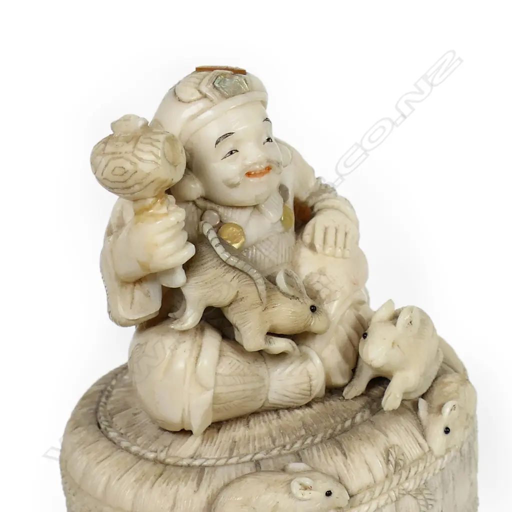 A c.1900 Japanese carved ivory okimono of the figure Daikokuten (God of plenty), Image 1++