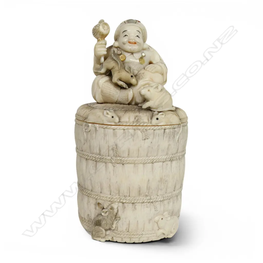 A c.1900 Japanese carved ivory okimono of the figure Daikokuten (God of plenty), Image 1++