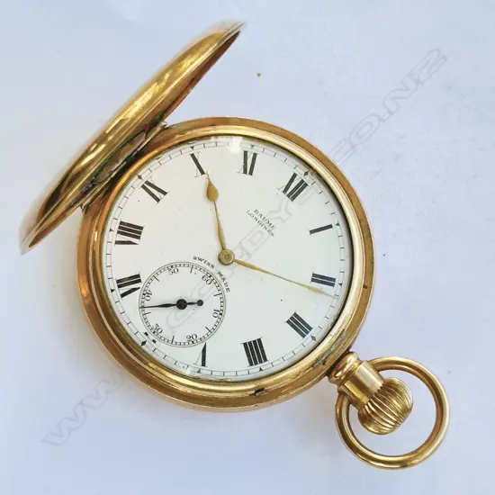 Gold plated cased hunter pocket watch by Baume Longines,