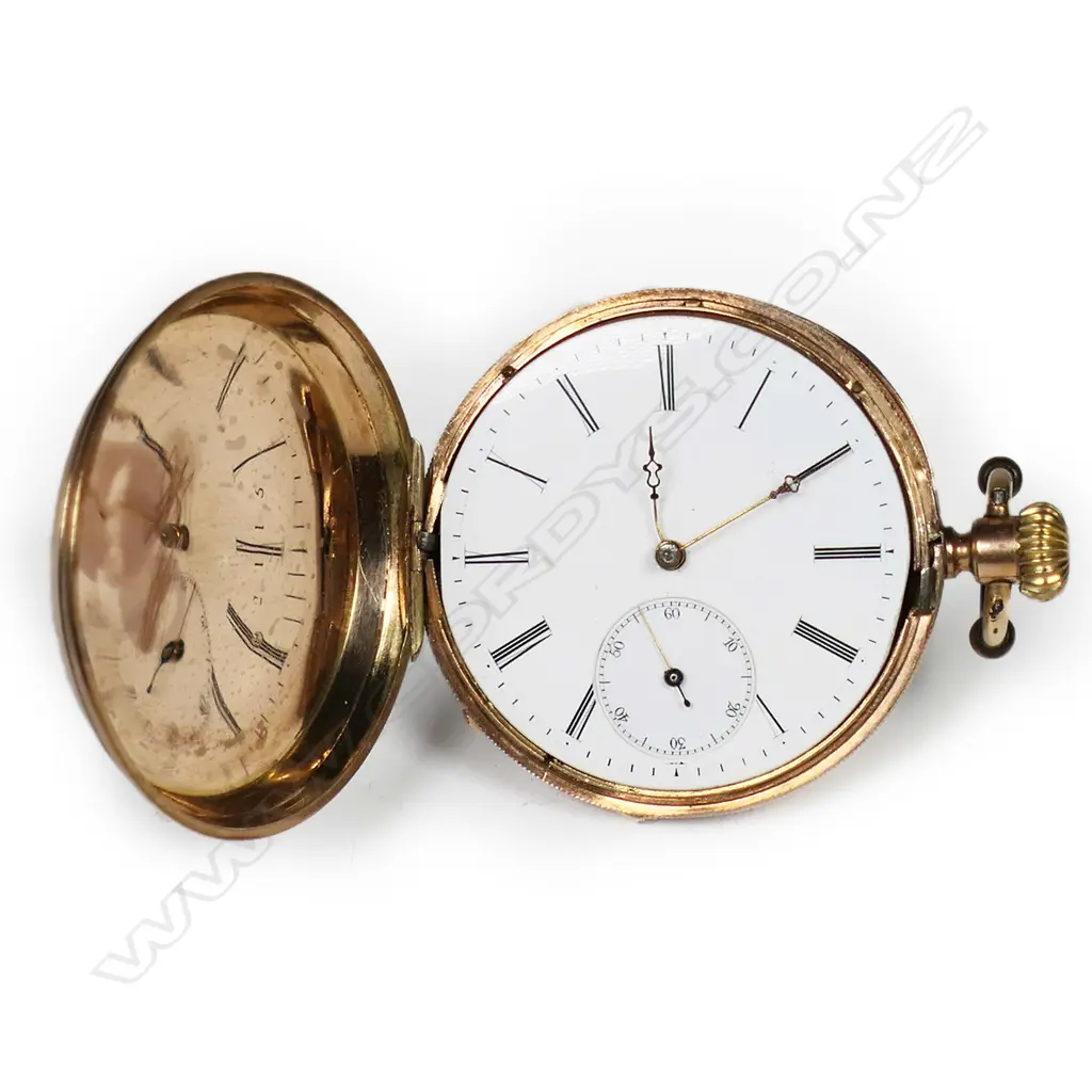 A 19thC 14ct rose gold and enamel ladies full hunter pocket watch, Image 1++