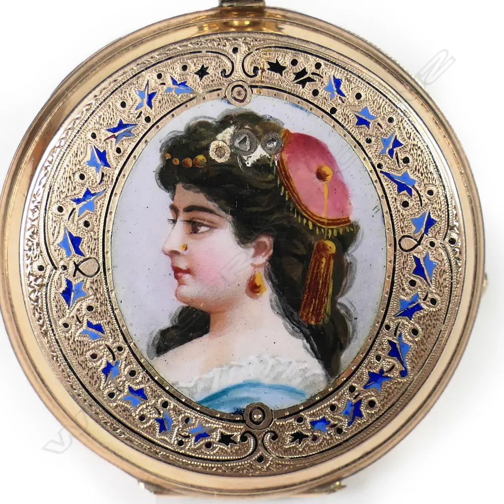 A 19thC 14ct rose gold and enamel ladies full hunter pocket watch, Image 1++