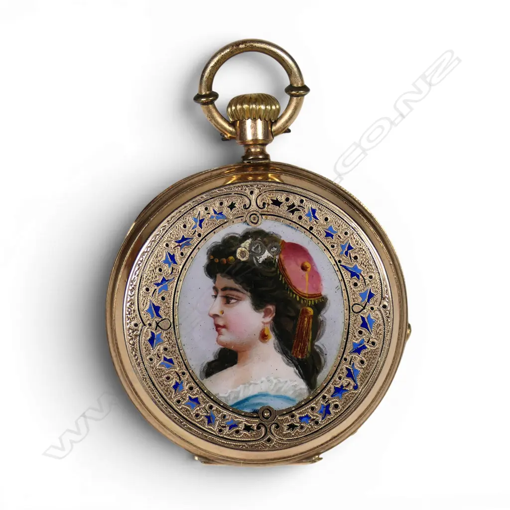 A 19thC 14ct rose gold and enamel ladies full hunter pocket watch, Image 1++