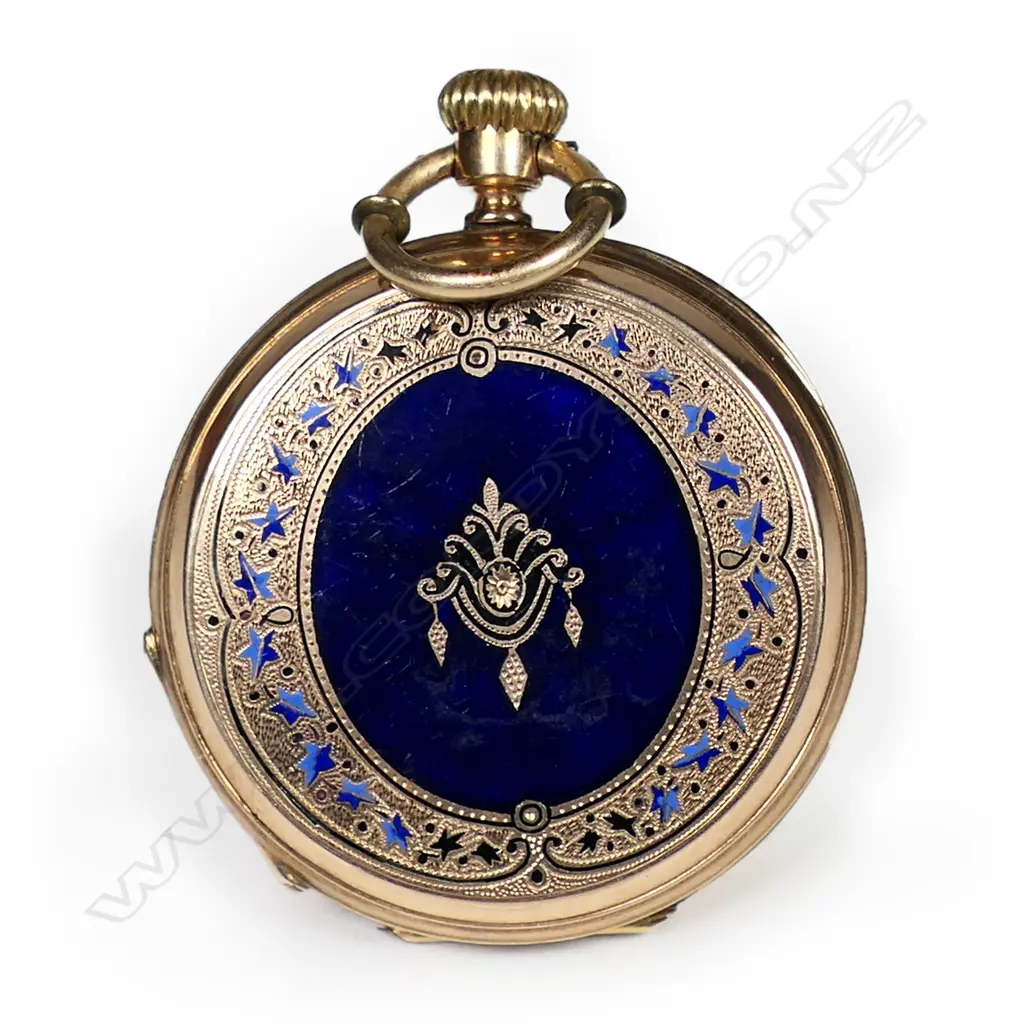 A 19thC 14ct rose gold and enamel ladies full hunter pocket watch, Image 1++