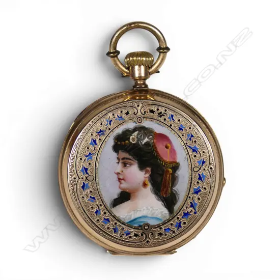 A 19thC 14ct rose gold and enamel ladies full hunter pocket watch,