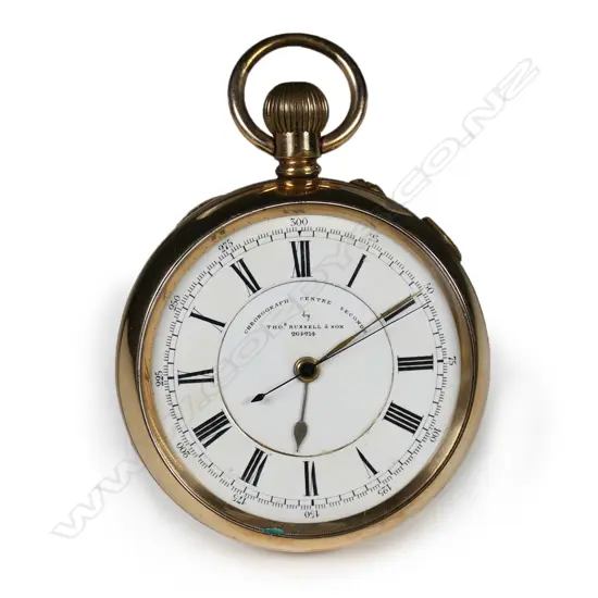 A late 19th/early 20thC gold plated open face centre seconds chronograph pocket watch,