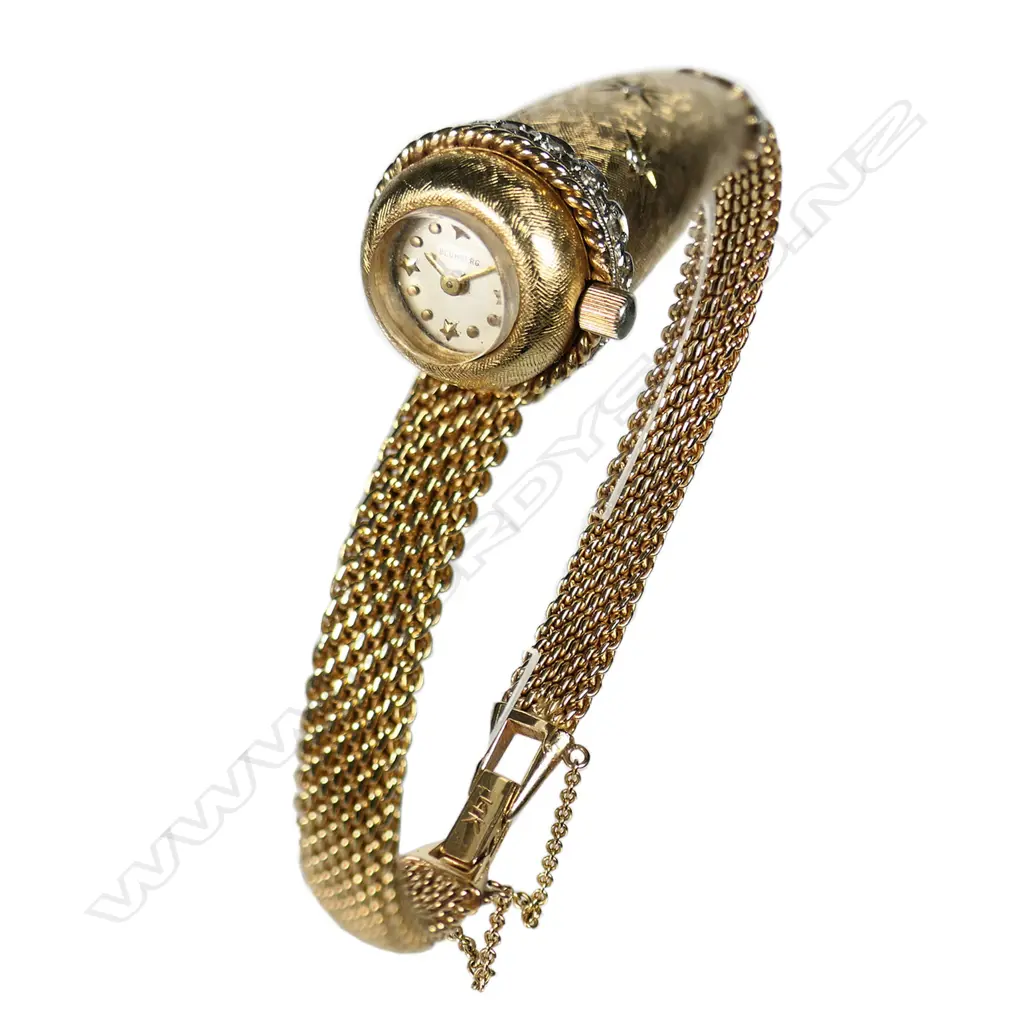 An unusual 14ct gold and diamond ladies Blumberg bangle type wrist watch, Image 1++