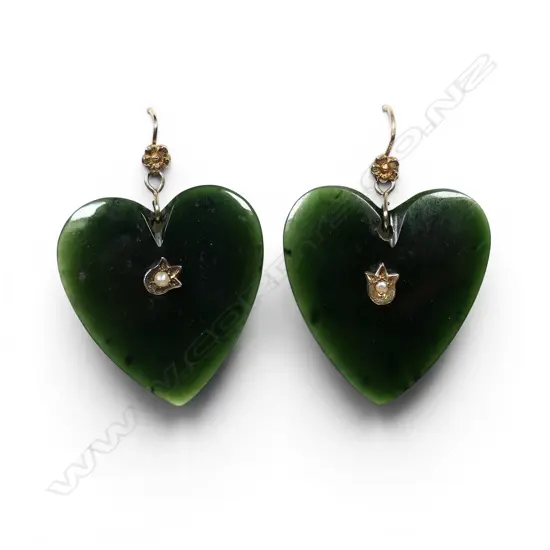 A pair of 9ct gold and pounamu heart drop earrings,