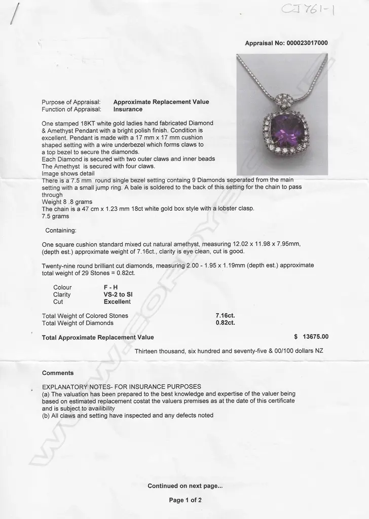 An 18ct white gold amethyst and diamond pendant, Image 1++