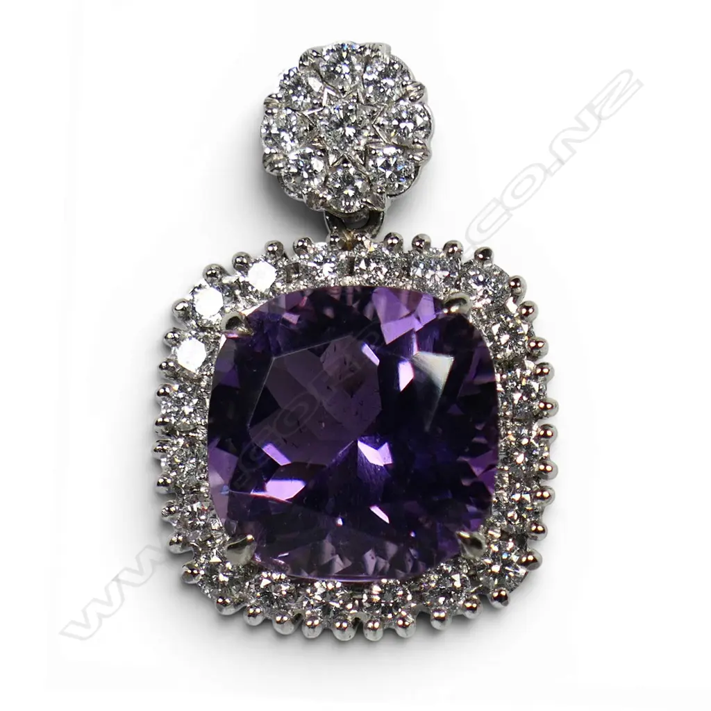 An 18ct white gold amethyst and diamond pendant, Image 1++