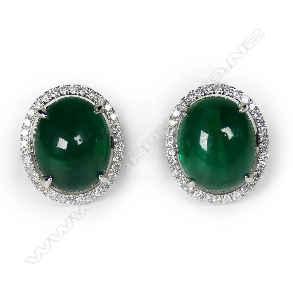 A pair of 18ct white gold emerald and diamond earrings, Image 1++