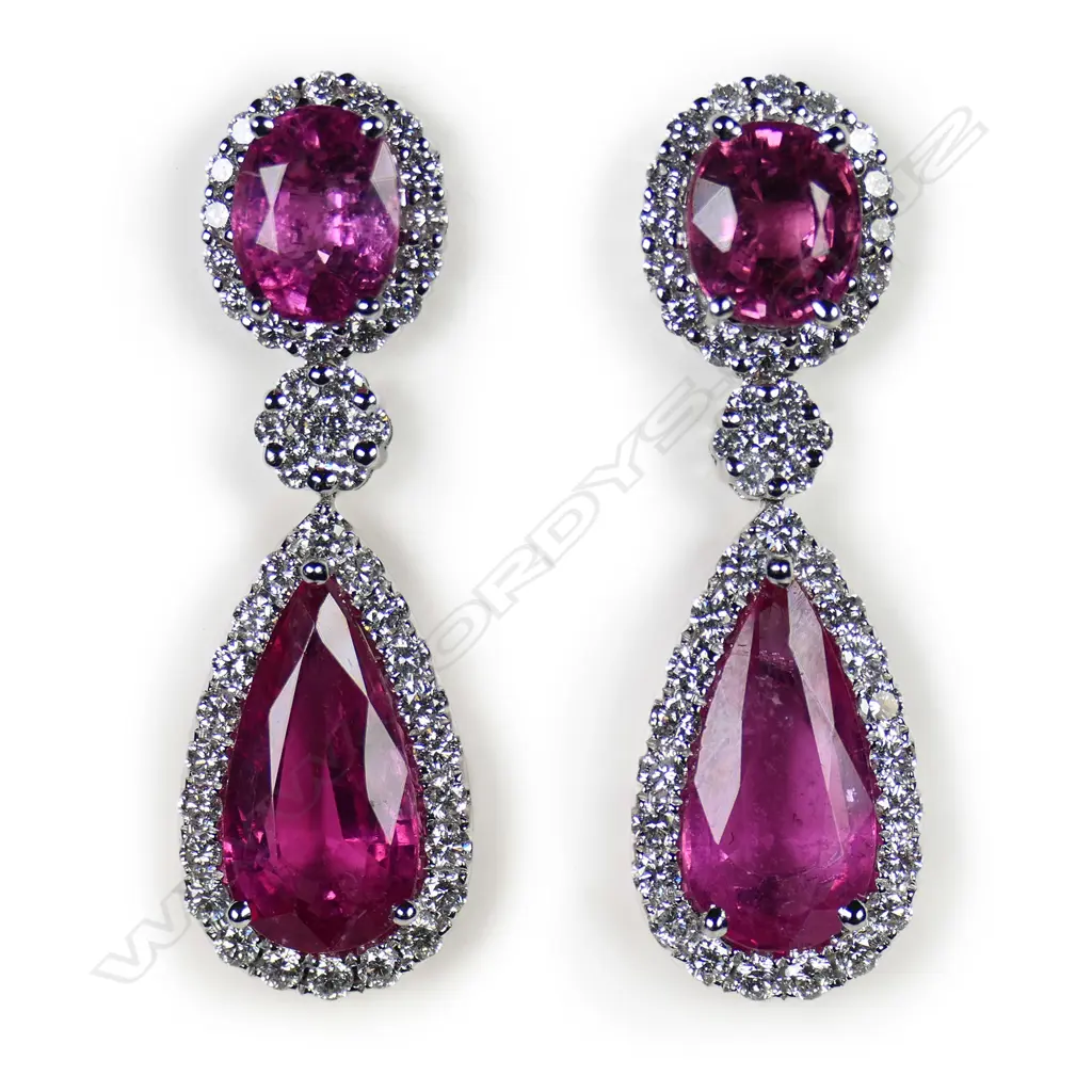 An 18ct white gold diamond and pink tourmaline drop earrings, Image 1++
