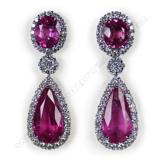 An 18ct white gold diamond and pink tourmaline drop earrings,