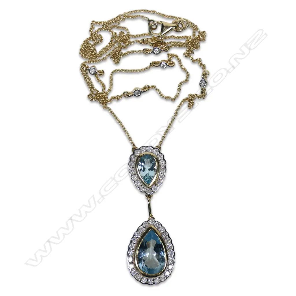 A 14ct gold aquamarine and diamond drop necklace, Image 1++