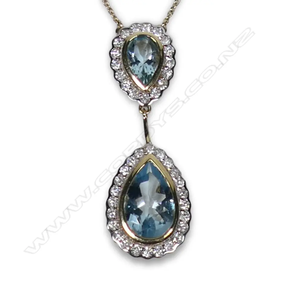 A 14ct gold aquamarine and diamond drop necklace, Image 1++