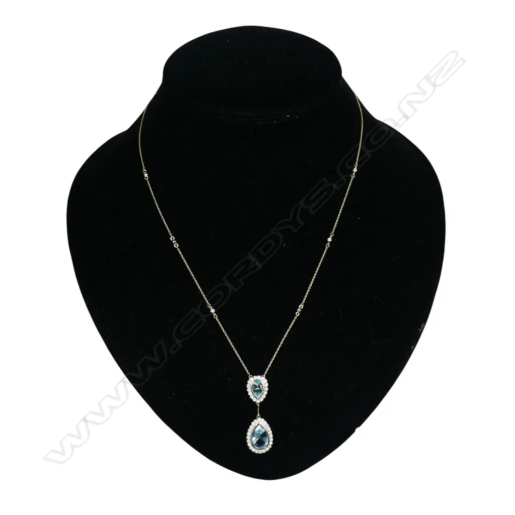 A 14ct gold aquamarine and diamond drop necklace, Image 1++