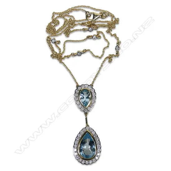 A 14ct gold aquamarine and diamond drop necklace,
