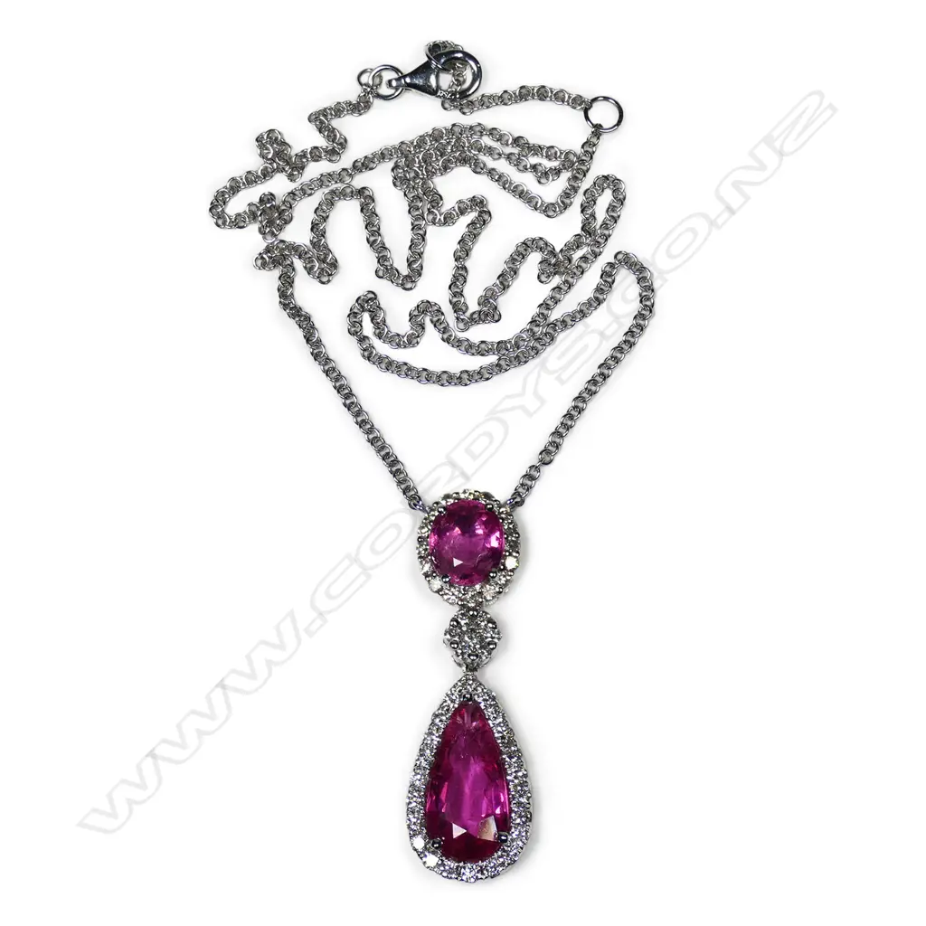 An 18ct white gold diamond and pink tourmaline pendant necklace, Image 1++