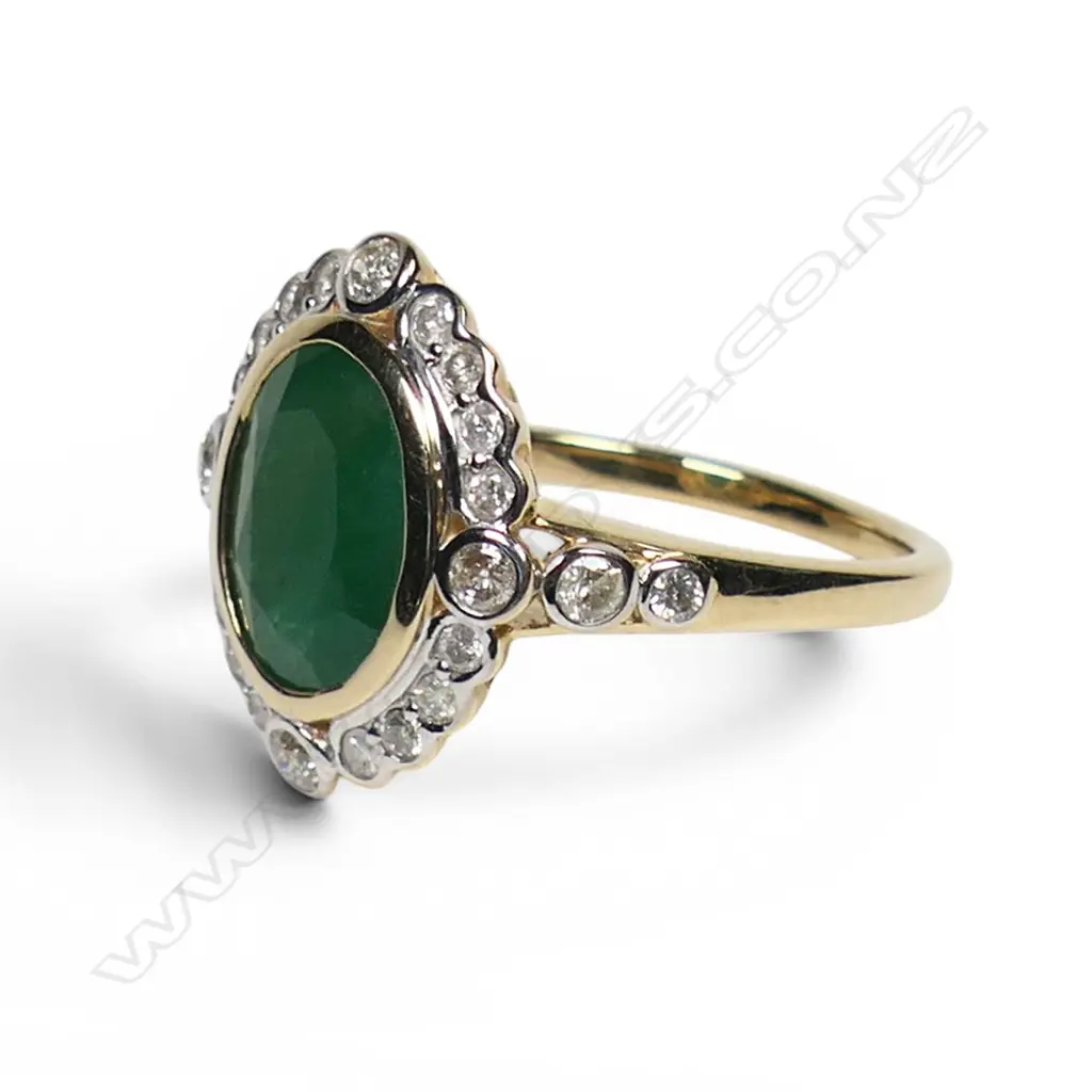 A 14ct gold emerald and diamond antique style ring, Image 1++