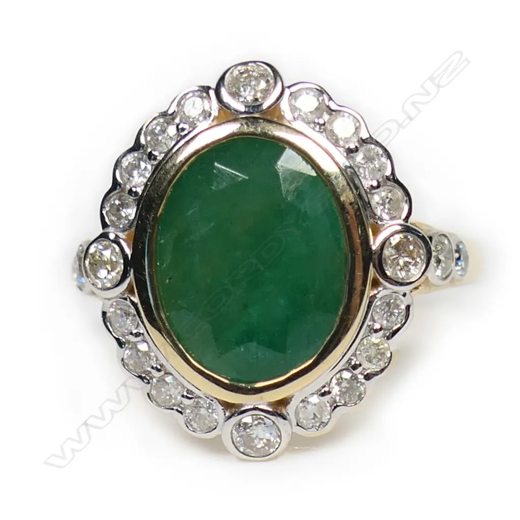 A 14ct gold emerald and diamond antique style ring, Image 1++