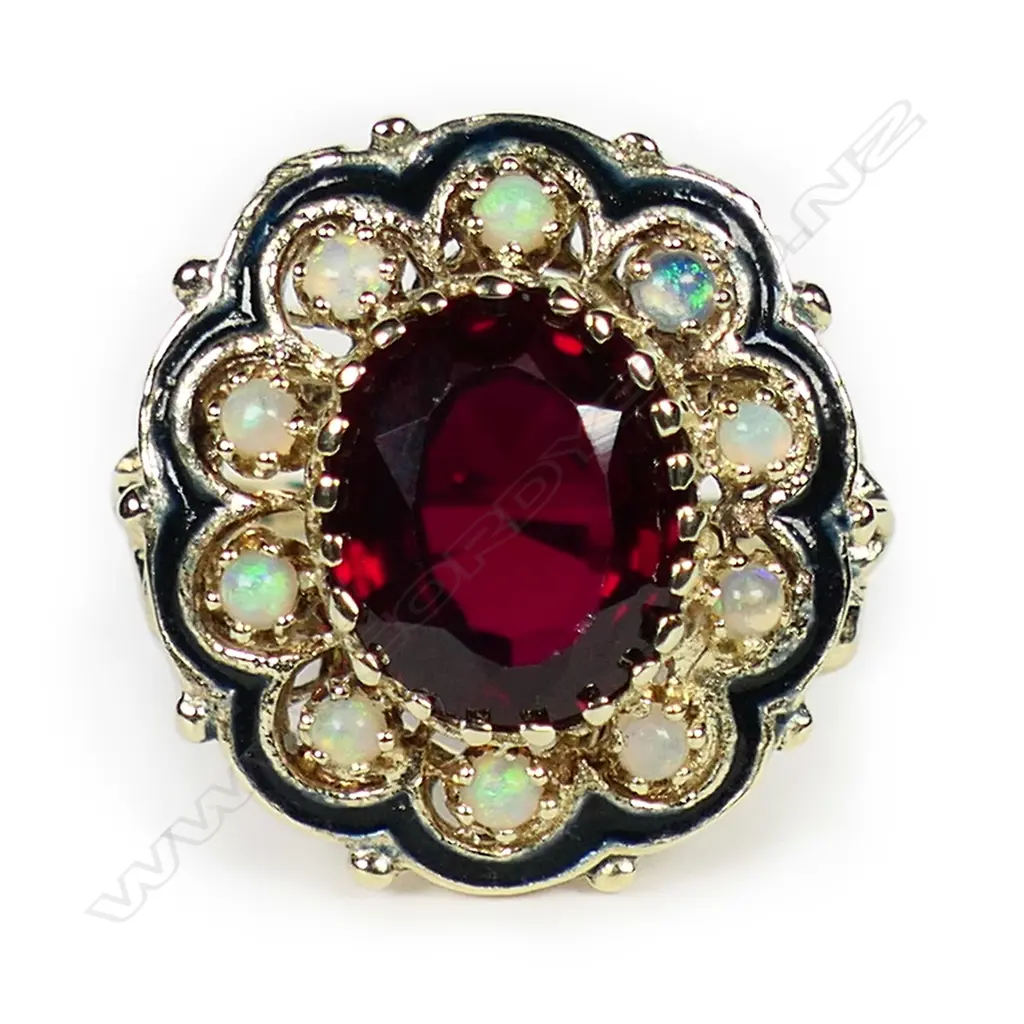 A 14ct yellow gold rhodolite garnet and multi opal ring, Image 1++