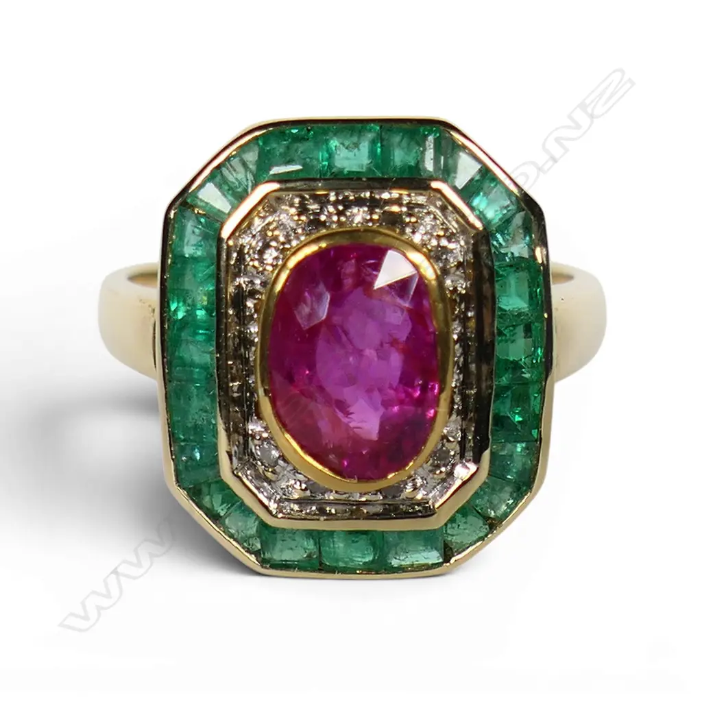 An 18ct yellow gold mogok ruby emerald and diamond ring, Image 1++