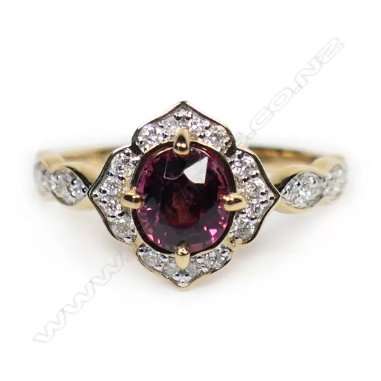 A 14ct gold rhodolite garnet and diamond ring,