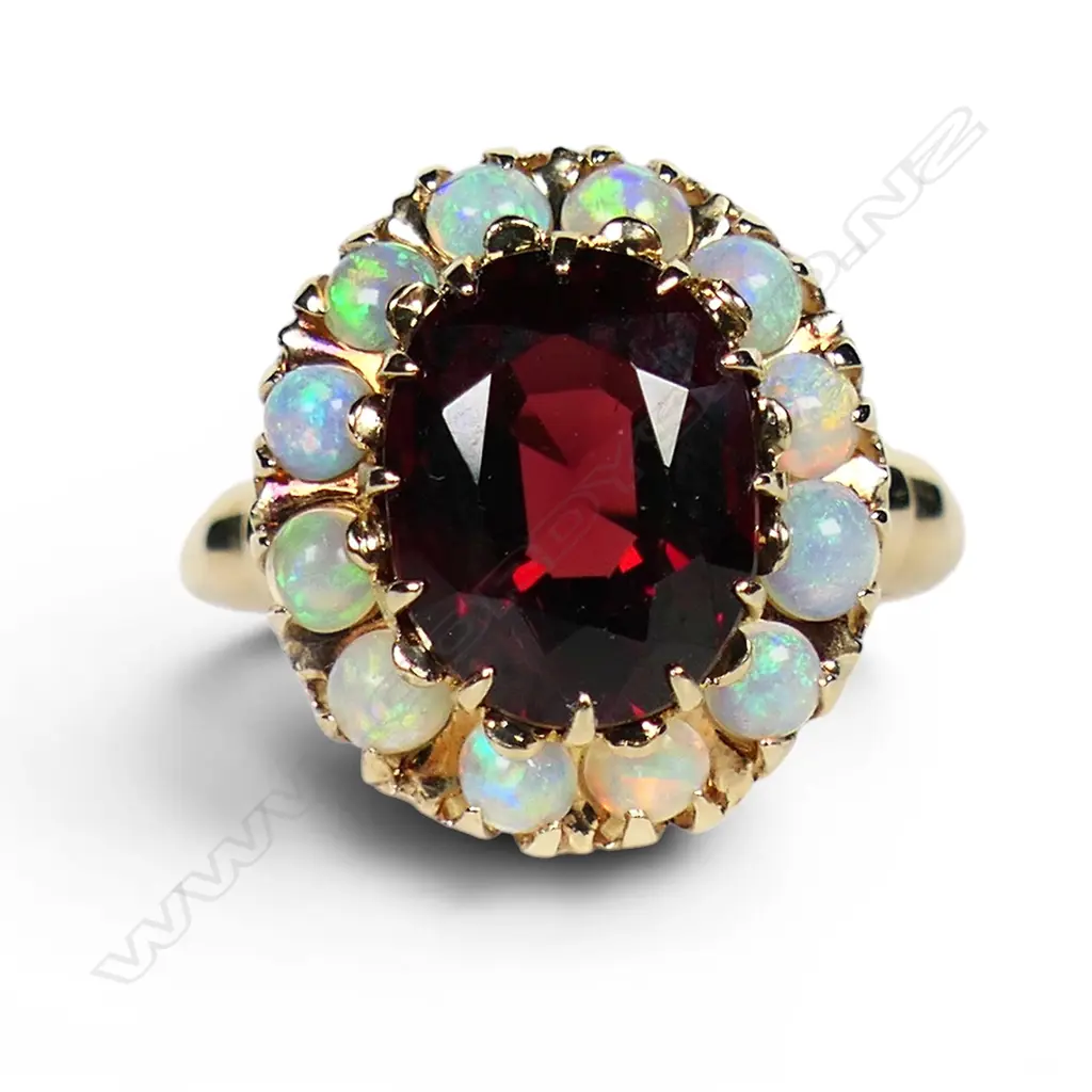 A 10ct rose gold rhodolite garnet and multi opal cluster ring, Image 1++