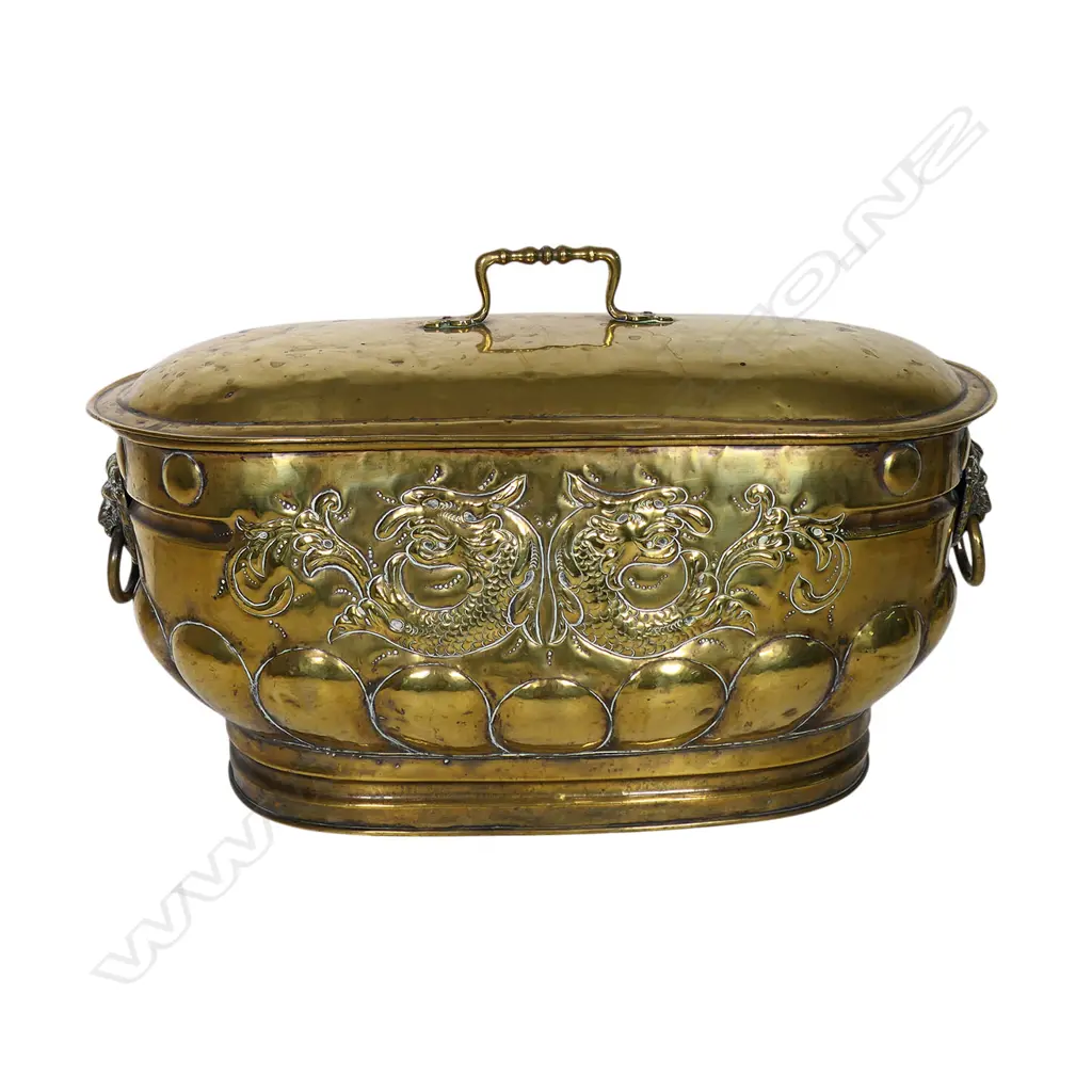 An Arts and Crafts brass lidded coal box, Image 1++