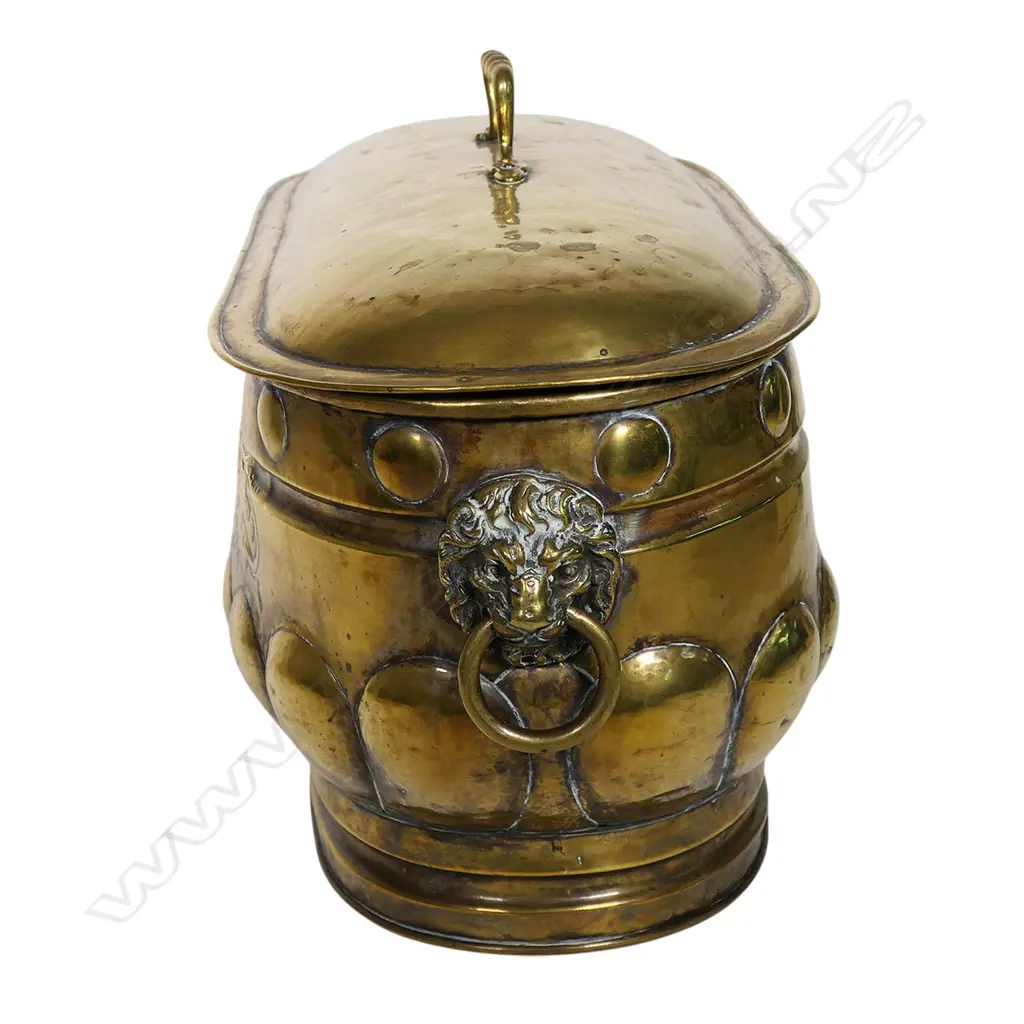 An Arts and Crafts brass lidded coal box, Image 1++