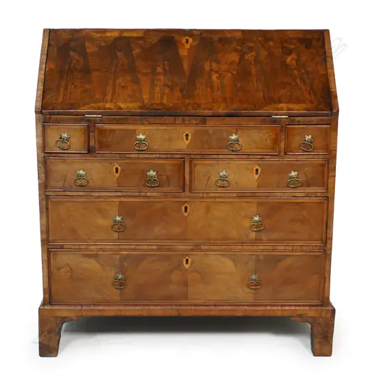A Georgian walnut drop front bureau,