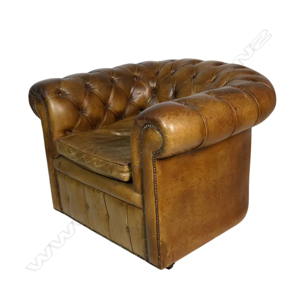 A vintage tan leather button back Chesterfield, Image 1++