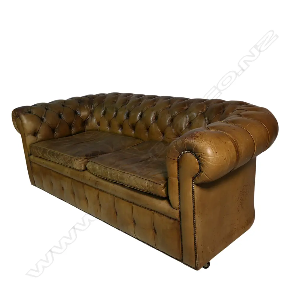 A vintage tan leather button back Chesterfield, Image 1++