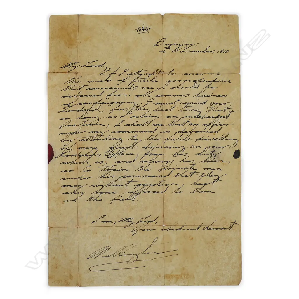 An 1810 hand written letter from 'Wellington'  (Arthur Wellesley 1769-1852) to ‘Commander in Chief' (Prince Frederick, Duke of York and Albany), Image 1++