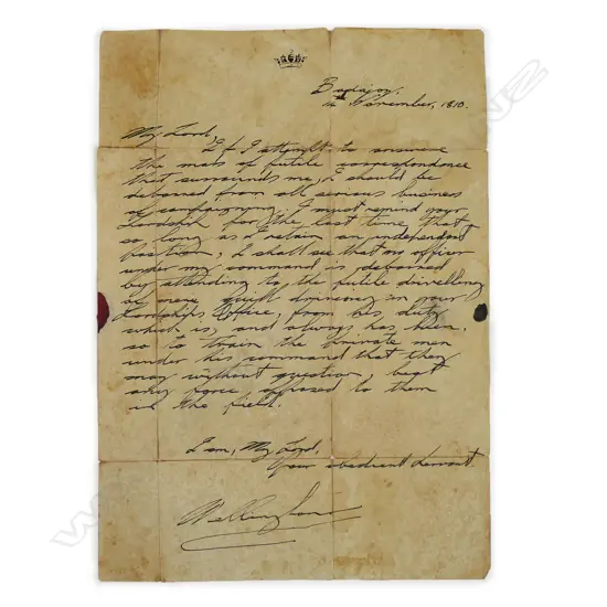 An 1810 hand written letter from 'Wellington'  (Arthur Wellesley 1769-1852) to ‘Commander in Chief' (Prince Frederick, Duke of York and Albany),