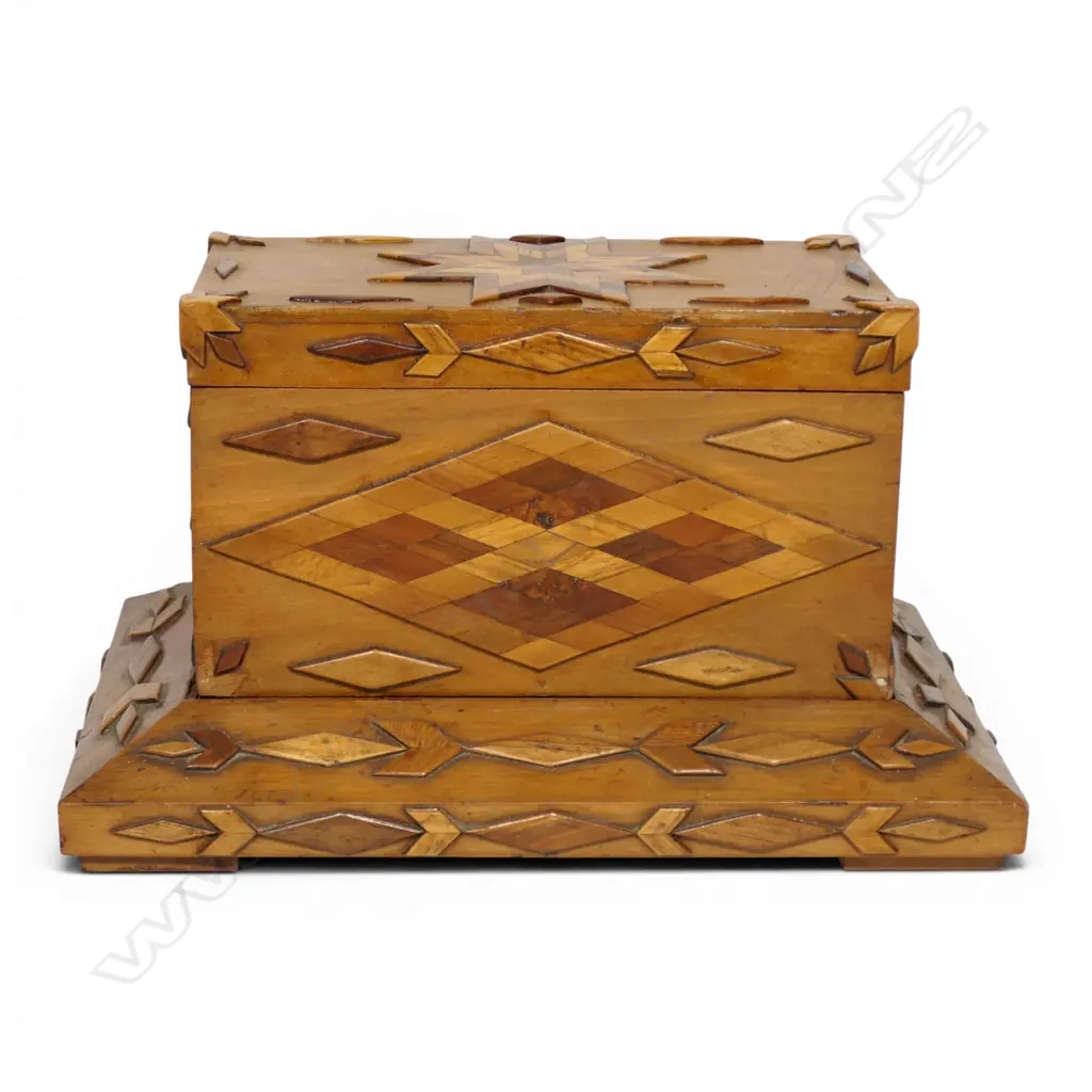 A colonial NZ native timbers lidded box on stand, Image 1++