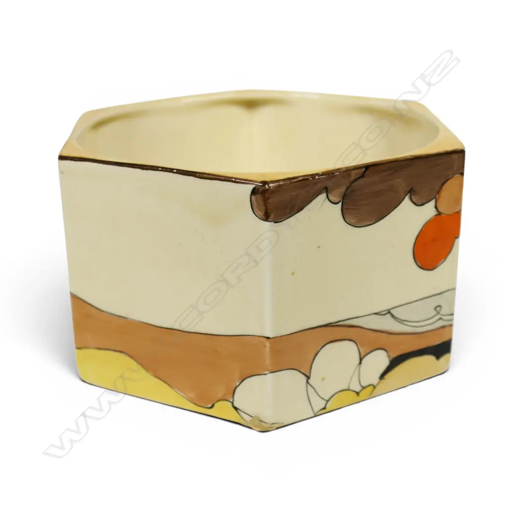 A Clarice Cliff Bizarre 'Coral Firs' pattern hexagonal bowl, Image 1++