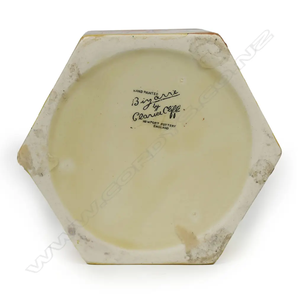 A Clarice Cliff Bizarre 'Coral Firs' pattern hexagonal bowl, Image 1++