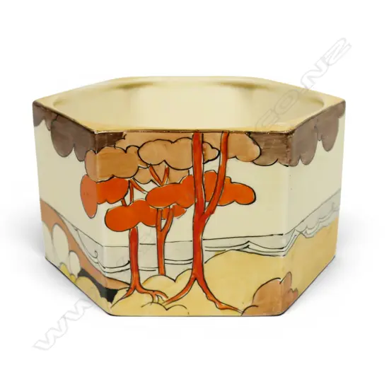 A Clarice Cliff Bizarre 'Coral Firs' pattern hexagonal bowl,