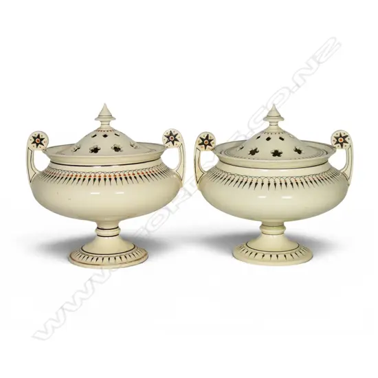 A pair of 18thC creamware lidded potpourri pots,