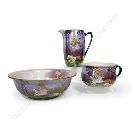 A Grimwades Byzanta Ware fairy and toadstool lustre part wash set,