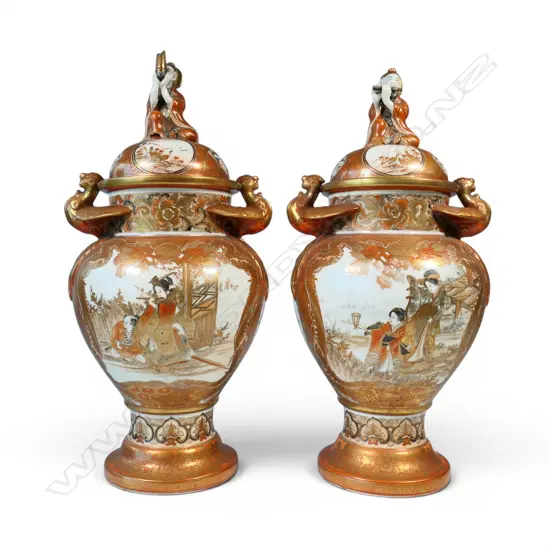 A pair of 19thC Japanese Kutani lidded urns,