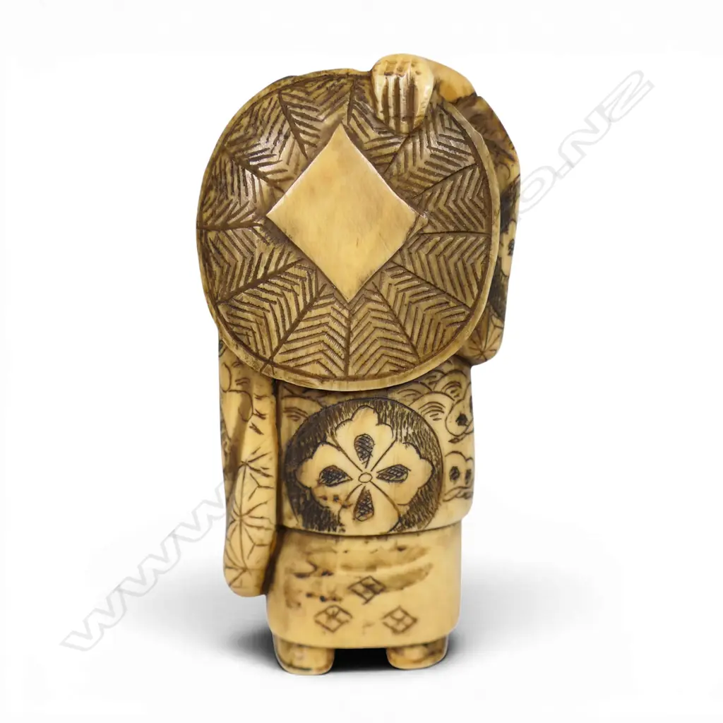 An early 20thC Japanese carved ivory okimono figure of a revolving head Noh actor, Image 1++