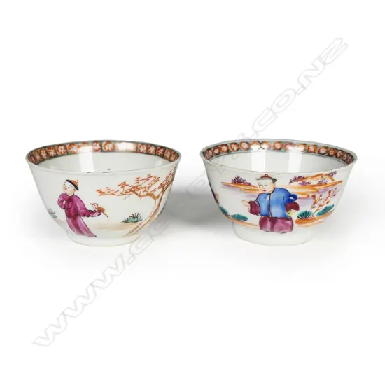 A pair of 18thC famile rose tea bowls,
